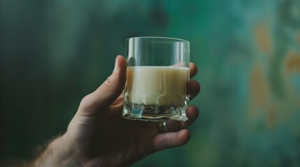 A glass of milk in hand, green background. World Milk Day