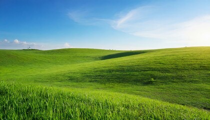 Obraz premium Landscape view of green grass field with blue sky background 