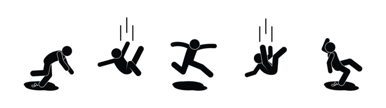 man falls, falling into a puddle icon, slippery floor symbol