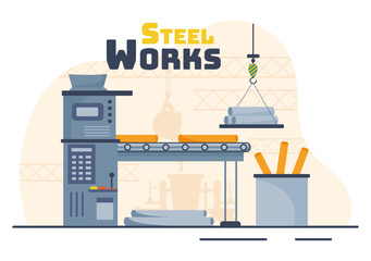 Naklejka premium Steelworks Vector Illustration with Resource Mining, Smelting of Metal in Big Foundry and Hot Steel Pouring in Flat Cartoon Background Design