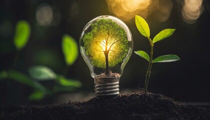 Saving energy and environment. Tree growth in light bulb for saving Ecology energy nature. Eco and technology concept.	 - obrazy, fototapety, plakaty