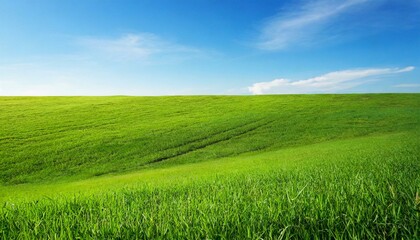 Landscape view of green grass field with blue sky background 