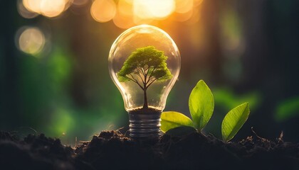 Saving energy and environment. Tree growth in light bulb for saving Ecology energy nature. Eco and technology concept. 