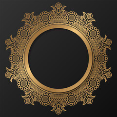 Golden frame with ornament in circle on black background. Luxury gold mandala. - Vector.