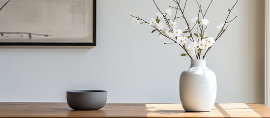 A simple monochrome daily room setting featuring a round white vase holding a cotton flower on a wooden dining room table.