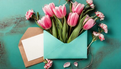 Bouquet of pink tulips in turquoise envelope on turquoise background. Mockup with white card. 8 MARCH