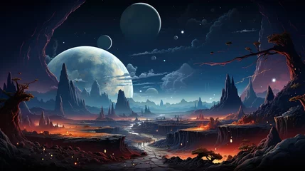 Tissu par mètre Blue nuit Space background with landscape of alien planet