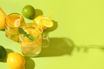 Mason jars of tasty lemonade with mint and lime on green background