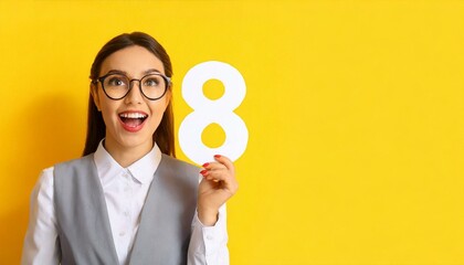 Surprised woman with paper figure 8 on yellow background with space for text. 