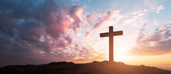 Silhouette christian religious cross on sunrise sky background - obrazy, fototapety, plakaty