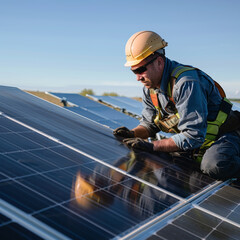 Solar Technician at Work on Field Panels