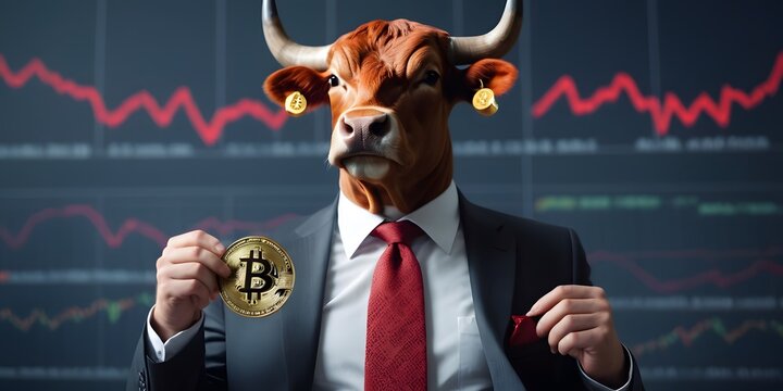 A bullish investor symbolized by a bull head holds a Bitcoin, representing optimism in cryptocurrency markets. The red graph lines in the background hint at market volatility. AI Generative