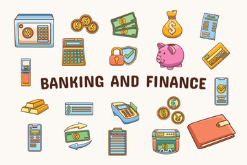 Banking and Finance Lineal Color Vector Illustration Icon Sticker Set Design Materials