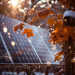 Autumn Solar Panels with Falling Leaves