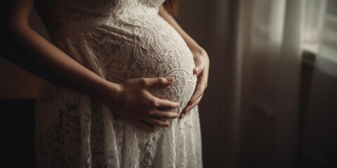A pregnant woman cradles her belly in a lace dress, capturing the beauty and anticipation of motherhood.Maternal Embrace.  - obrazy, fototapety, plakaty