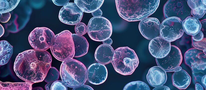 A group of pink and blue cells, identified as stained potato starch grains, are observed under a microscope at 1000x magnification. The cells exhibit distinct colors and patterns, providing a detailed