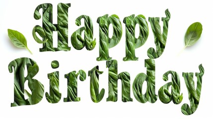 Words Happy Birthday isolated on white background made in Basil Typography style. Decorative lettering of phrase Happy Birthday. Creative postcard. Ai Generated Digital art poster.