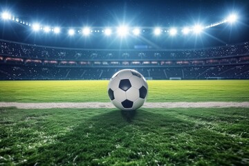 Fototapeta premium Close-up of soccer ball in the stadium in the evening light