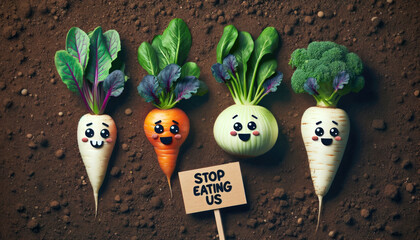 Anthropomorphic Vegetables with Protest Sign on Soil.