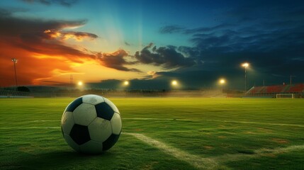 Naklejka premium Close-up of soccer ball in the stadium in the evening light