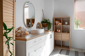 Interior of spa salon with sink, counters and mirror