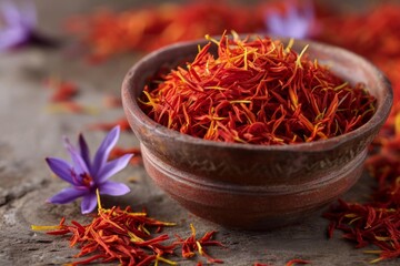 Saffron in a clay bowl on a wooden table with scattered seasoning nearby