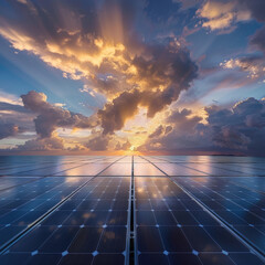 Solar Panels under Dramatic Sunset Sky