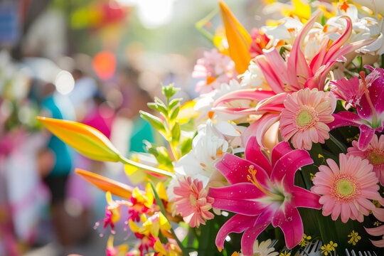 Floral Decorations: Design images of the parade route adorned with intricate floral decorations, using a macro lens to capture the beauty and detail of the arrangements.