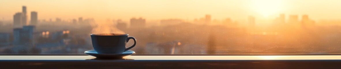 A steaming cup of coffee sits on a window sill, bathed in the warm light of a sunset. The cityscape...