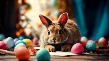 A cute little bunny lying on a wooden floor, surrounded by colorful Easter eggs.