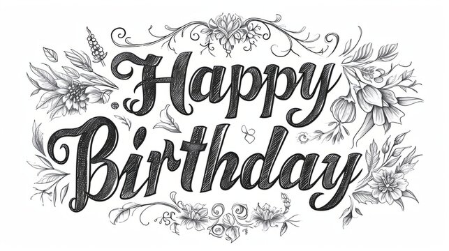 Words Happy Birthday isolated on white background made in Copperplate Calligraphy style. Decorative lettering of phrase Happy Birthday. Creative postcard. Ai Generated Digital art poster.