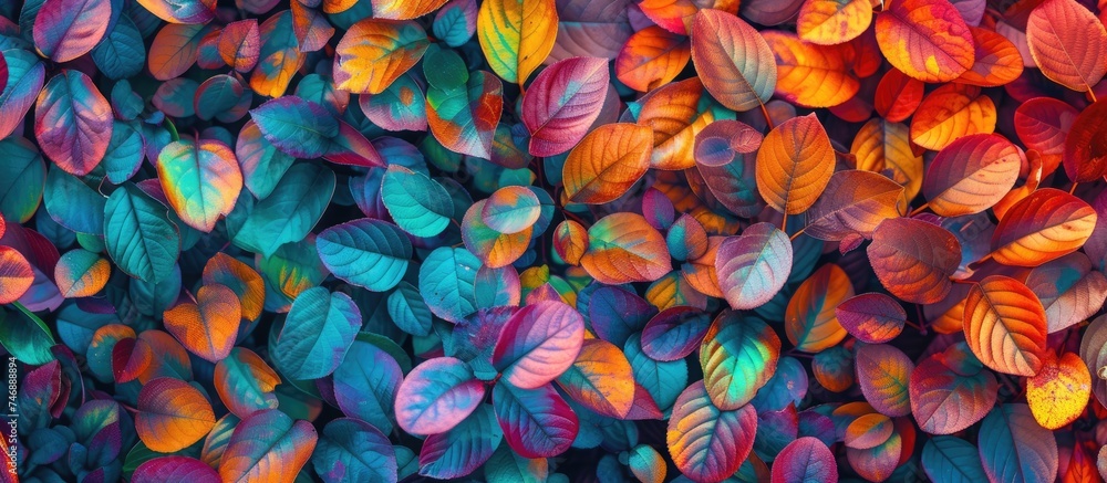 Poster a group of rainbow-colored autumn leaves is displayed vibrantly on a wall, creating a vivid and abst