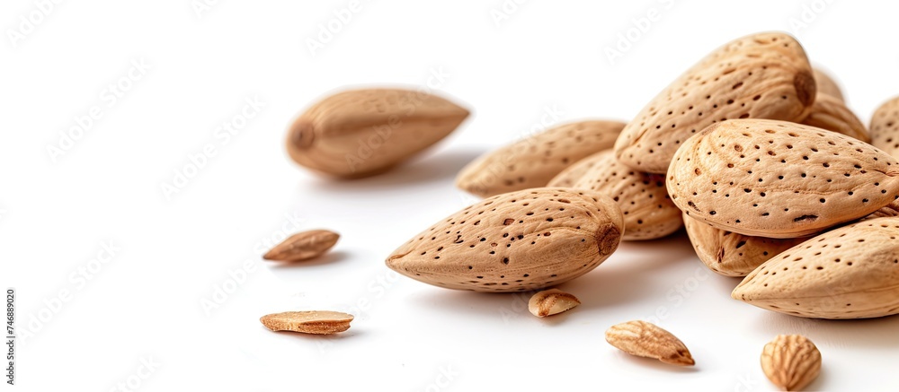 Poster a collection of raw almonds with shells stacked haphazardly on a clean white background. the almonds