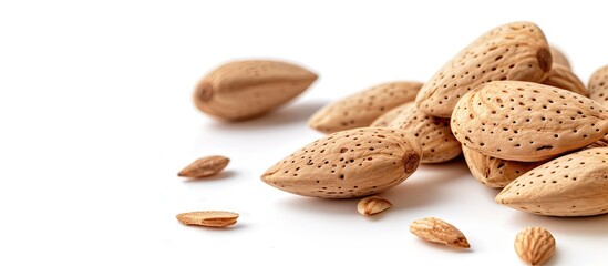 Obraz premium A collection of raw almonds with shells stacked haphazardly on a clean white background. The almonds are varying in shape and size, reflecting their natural state.