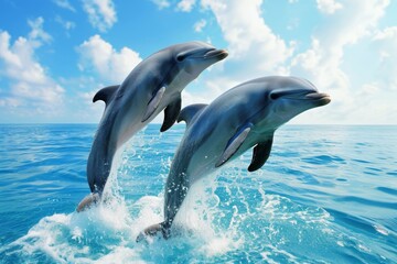 Two dolphins springing from the sea, sunlight and calm water. - obrazy, fototapety, plakaty