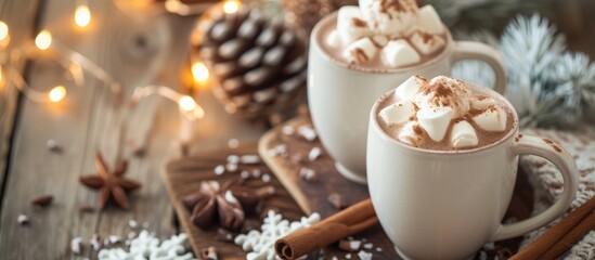 Obraz na płótnie Canvas Aromatic Hot Chocolate Delight with Whipped Cream and Cinnamon Garnish