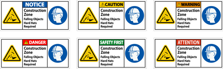 Danger Sign, Construction Zone, Falling Objects Hard Hats Required