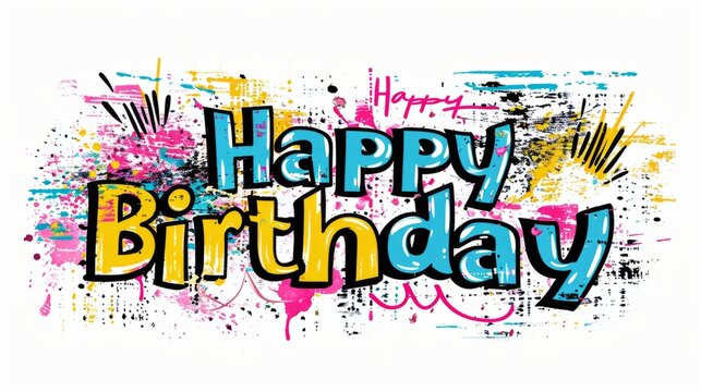 Words Happy Birthday isolated on white background made in Graffiti Typography style. Decorative lettering of phrase Happy Birthday. Creative postcard. Ai Generated Digital art poster.