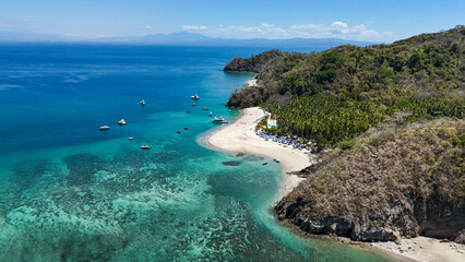 Drone aerial view of Isla Tortuga, tropical paradise beach island in Costa Rica central america Nicoya peninsula