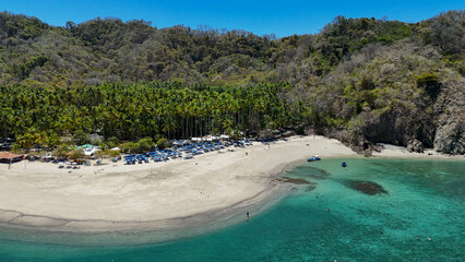 Drone aerial view of Isla Tortuga, tropical paradise beach island in Costa Rica central america Nicoya peninsula