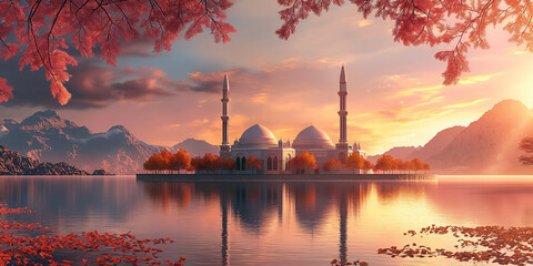 Fototapeta premium Mosque by the lake at scenic sunset and golden leaves frame
