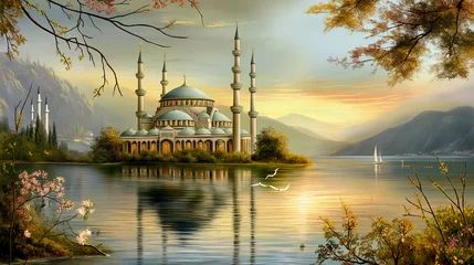 Foto op Plexiglas Mosque by the lake with beautiful scenic morning © Maizal
