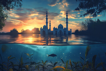 Mosque by the sea with half underwater view at sunset