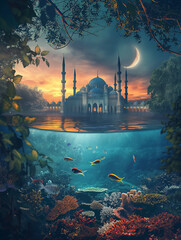 Mosque by the sea with half underwater view in sunset and crescent moon
