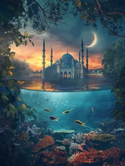 Crédence de cuisine en verre imprimé Half Dome Mosque by the sea with half underwater view in sunset and crescent moon