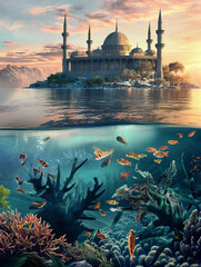Mosque by the sea in half underwater view with fishes