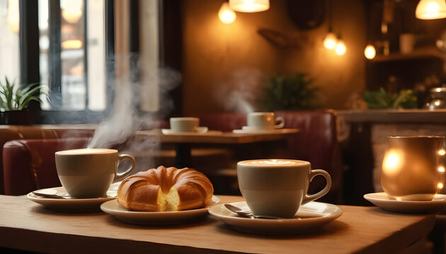 A warm, inviting image of a coffee table with steaming cups of coffee and a fresh, flaky pastry in a cozy café setting