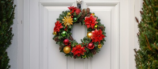 Naklejka premium Christmas decoration wreath hanging on door