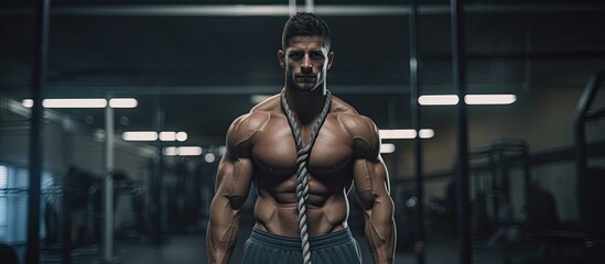 Fototapeta na wymiar A muscular man in athletic wear is seen in a gym, having a rope around his neck as he engages in a functional exercise routine. The gym background includes various gym equipment and fitness