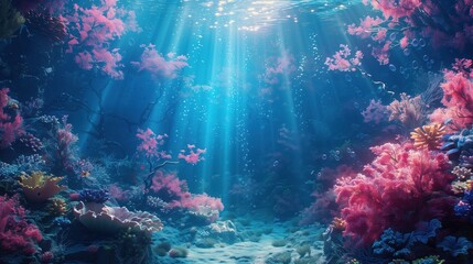 Fototapeta na wymiar Vibrant underwater seascape with a myriad of coral species and marine life, illuminated by sunbeamsConcept of marine biodiversity, ocean life, and natural underwater beauty